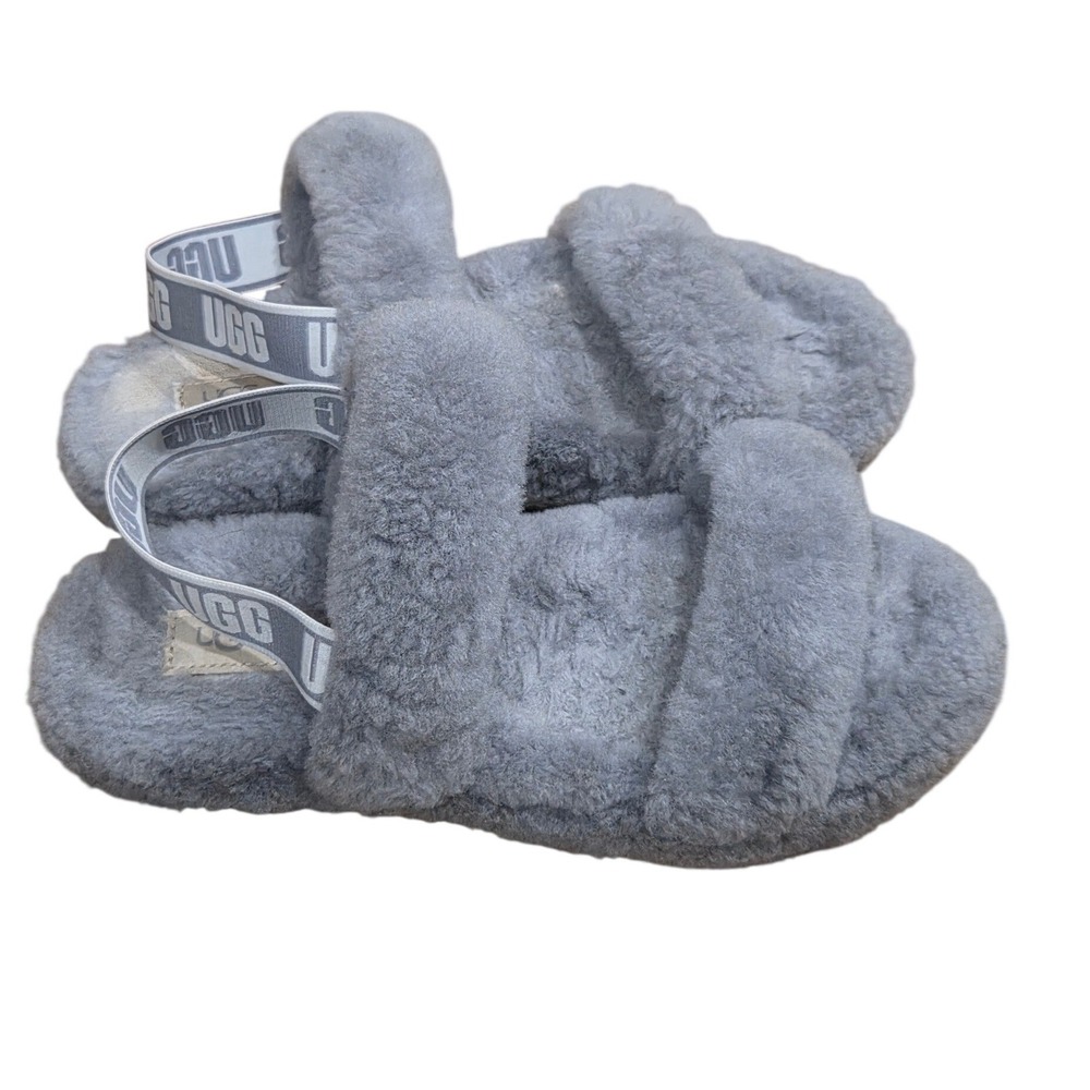 UGG Oh Yeah Fuzzy Fluffy Slide Grey Sheepskin Slingback Sandals Womens 6 Cozy